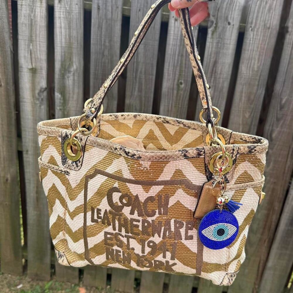 Coach Ivory Gold Zebra Snakeskin Tote Graphic